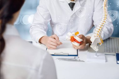 Doktor, omurgalar arası disk modelini bulanık bir arkaplanda gösteriyor...