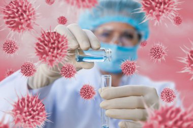 Virüse karşı aşı arayışındaki araştırma konsepti. Laboratuvar asistanı, virüslerin arka planına karşı numuneyi test tüpüne koyar..