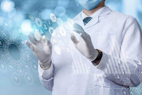 Conceito Tecnologia Informação Inovadora Medicina Médico Trabalha Com Uma Interface — Fotografia de Stock