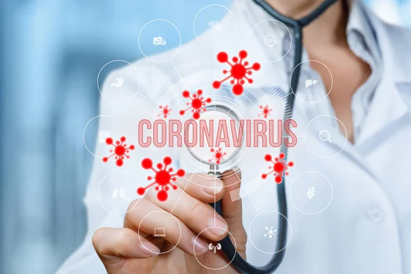 Conceito Diagnóstico Coronavírus Médico Ouve Coronavírus Fundo Turvo — Fotografia de Stock