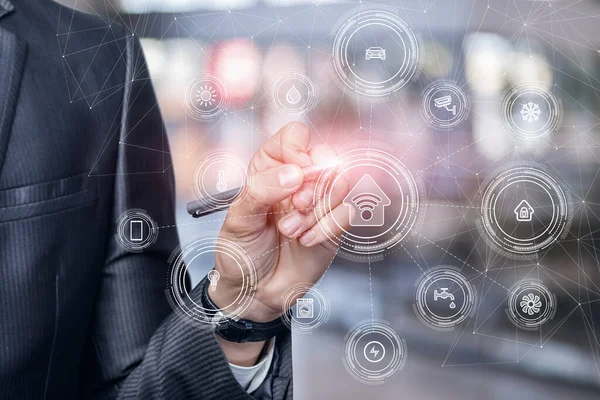 Businessman Draw Structure Internet Things Blurred Background — Stock Photo, Image