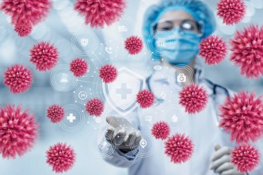 Coronavirus koruma kavramları. Doktor bulanık bir arkaplanda Coronavirus 'a karşı korur..