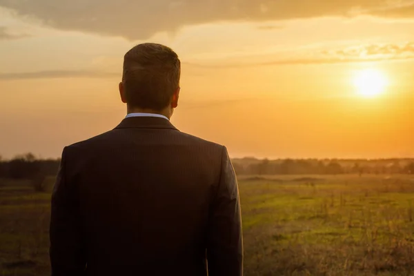 Concept Business Perspective Businessman Look Distance Backdrop Sunny Sunset — Stock Photo, Image