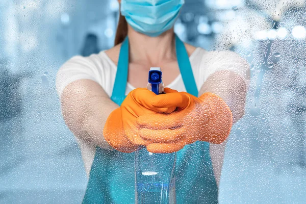 Cleaning Lady Mask Aiming Spray Blurred Background — Stock Photo, Image