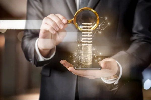 Businessman Looks Magnifying Glass Accumulation Coins Mobile Device Stock Picture