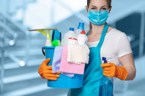 Cleaning Lady Tool Cleaning Mask Blurred Background — Stock Photo, Image