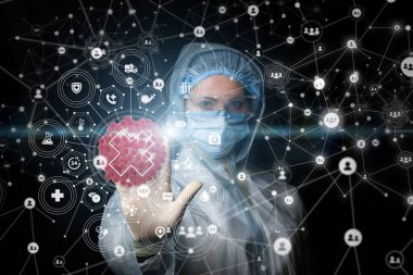 Virüslerin yayılmasını engelleme kavramı. Doktor ve virüsler siyah arkaplanda.