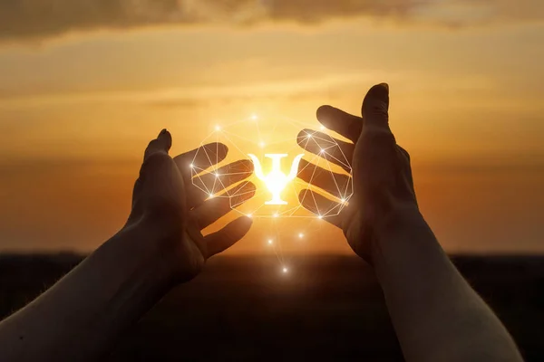 Hands Shows Brain Psychology Icon Background Sunny Sunset — Stock Photo, Image