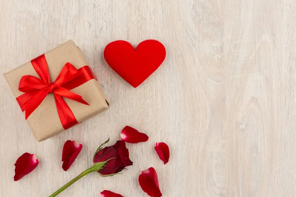 Valentine Day Concept Gift Box Heart Red Rose Wood Table — Stok Foto
