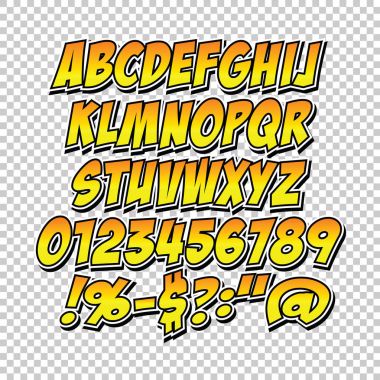 Komik alfabe seti. Harfler, sayılar ve rakamlar çocukların illüstrasyonlar Web siteleri çizgi roman afiş için.