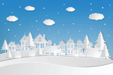 Karlı Kentsel Manzara Şehri Köyü. kağıt sanatı ve zanaat stili. 