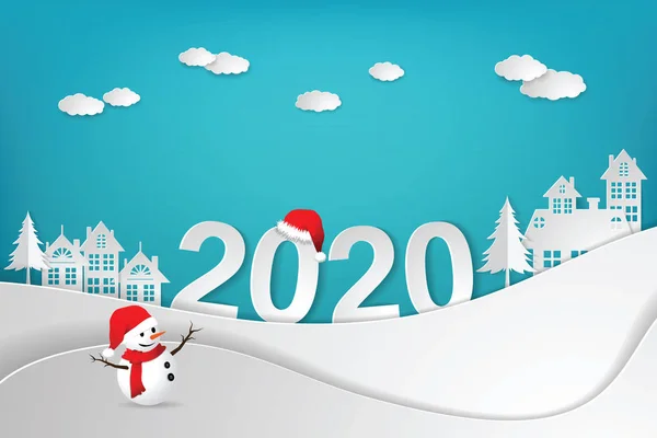 Bonne année et Noël 2020 Snowman et paysage de campagne, village, ville de neige. papier art et artisanat style . — Image vectorielle