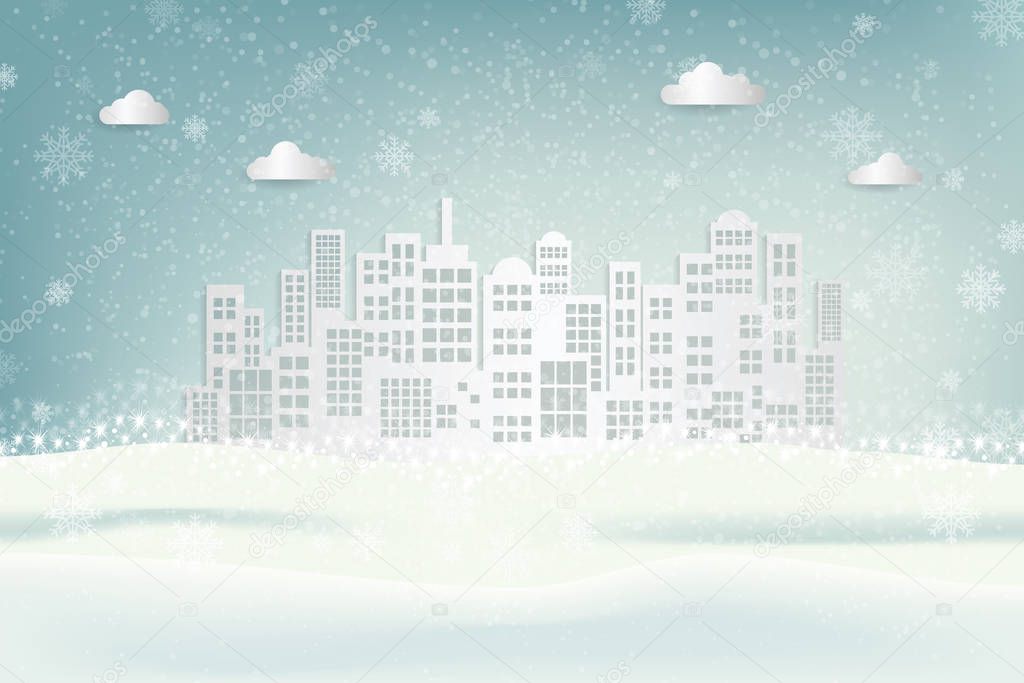 Merry Christmas and Happy New Year. Illustration of The city falls in the snow curtain and ice crystals.