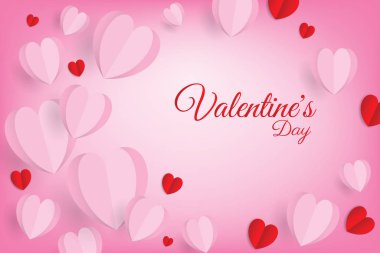 Pembe arka planda kalp şeklinde kağıt elementler uçuşuyor. Sevgililer Günü için aşkın vektör sembolleri. Vektör İllüstratörü