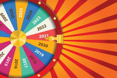 Gerçekçi 3D çarkıfelek, şanslı rulet Mutlu yıllar 2021 vektör illüstrasyonu. Soyut konsept grafik kumar unsuru