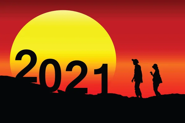 Deux Jeunes Silhouettes Entrent Dans Année 2021 Milieu Grand Soleil — Image vectorielle