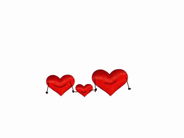 İzole edilmiş beyaz bir arka planda el ele tutuşan üç kırmızı ipek kalp. Aşkın, ailenin ve mutluluğun sembolü. — Stok fotoğraf