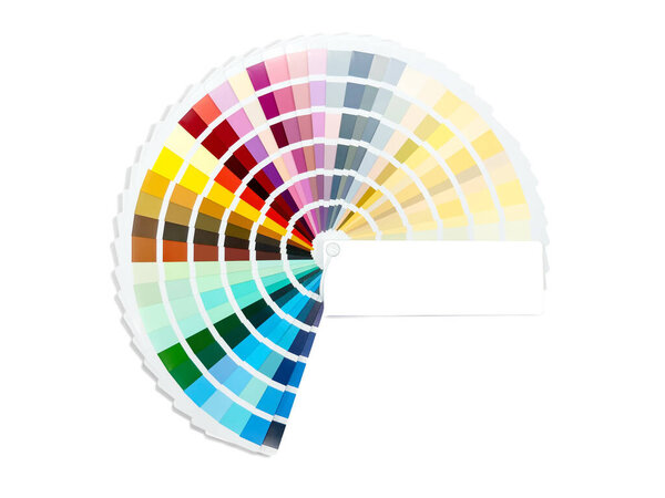 Color card palette, samples for colour definition. Guide of paint samples, colored catalog. Photo close up.