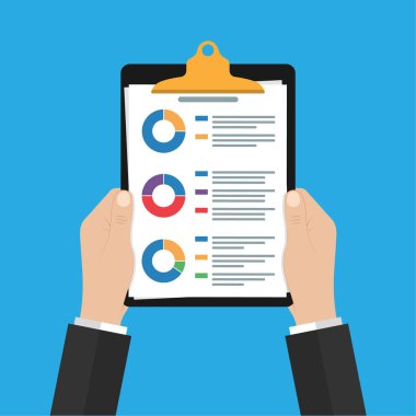 Man clipboard 'un elinde. Denetim vektör simgesi, finans