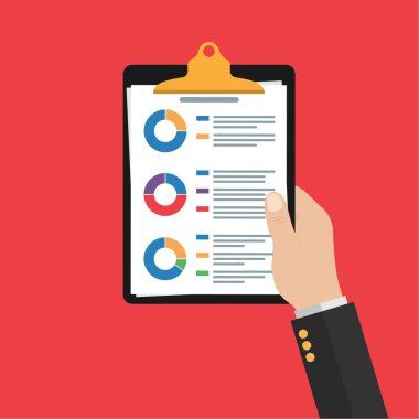 Man clipboard 'un elinde. Denetim araştırma vektör simgesi, finans