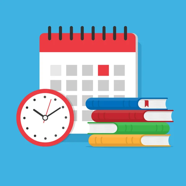 Timer of klok, een stapel boeken en een kalender in de backgroun — Stockvector