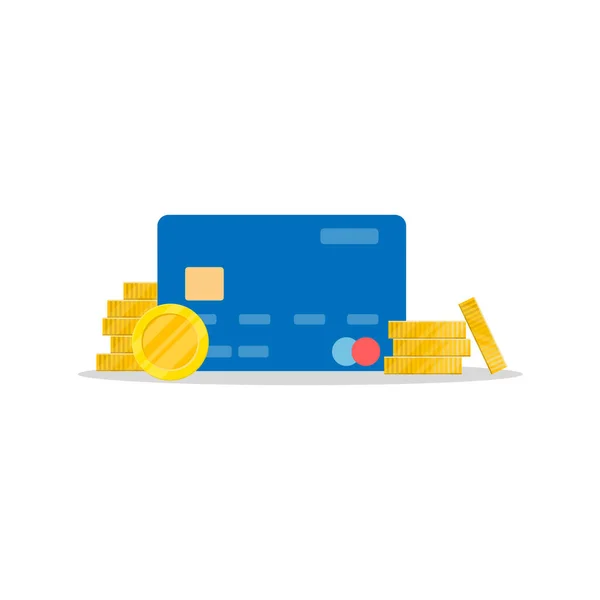 Blauwe plastic creditcard en stapels munten. — Stockvector