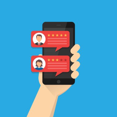 Akıllı telefon elinde. Müşteri geri bildirimi. cep telefonunun derecesi 