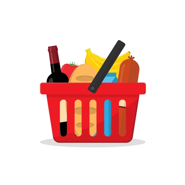 Cesta roja con un conjunto de productos de una tienda o un supermercado . — Archivo Imágenes Vectoriales
