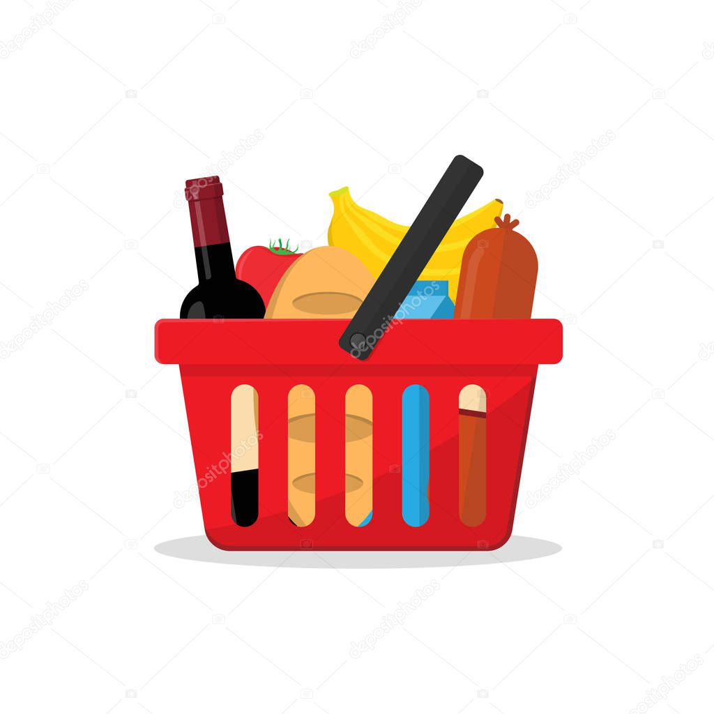red basket with a set of products from a shop or a supermarket. 