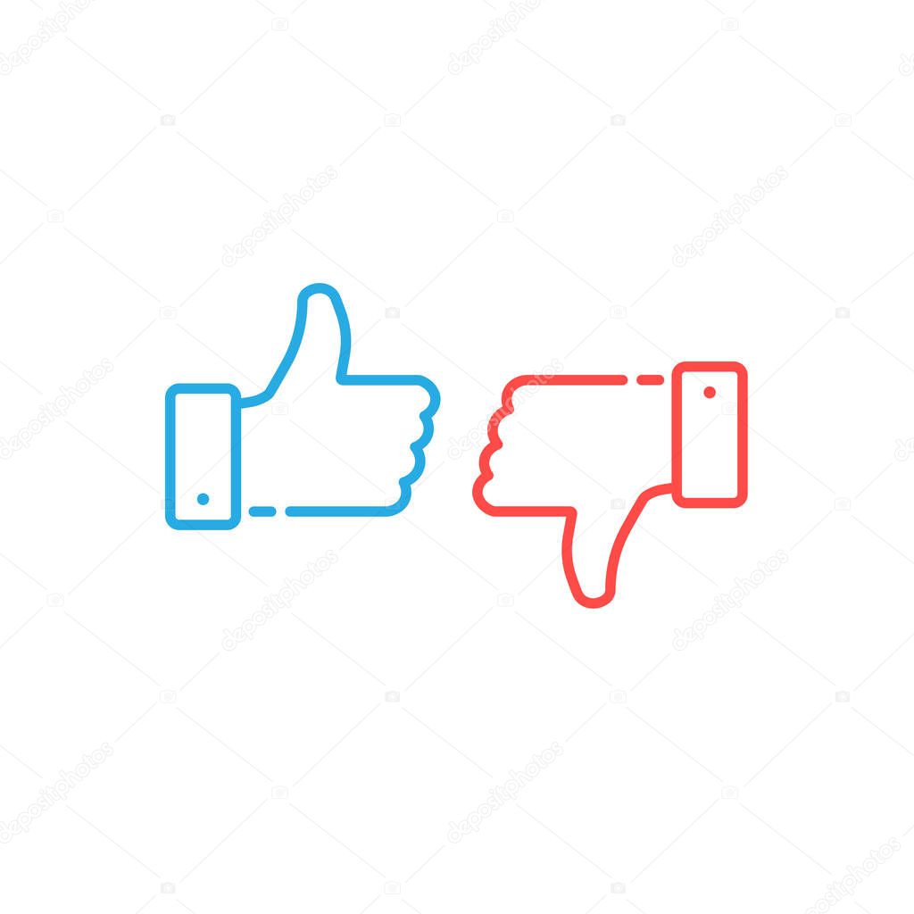 Thumbs up and down icons. Blue button, red button. Simple linear