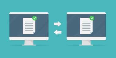 dosya paylaşım konsepti. Veri transferi, ftp dosya alıcısı ve laptop ekranında yedekleme. Not defterlerinde dosya transferi. Düz biçimli stok vektör illüstrasyonu.