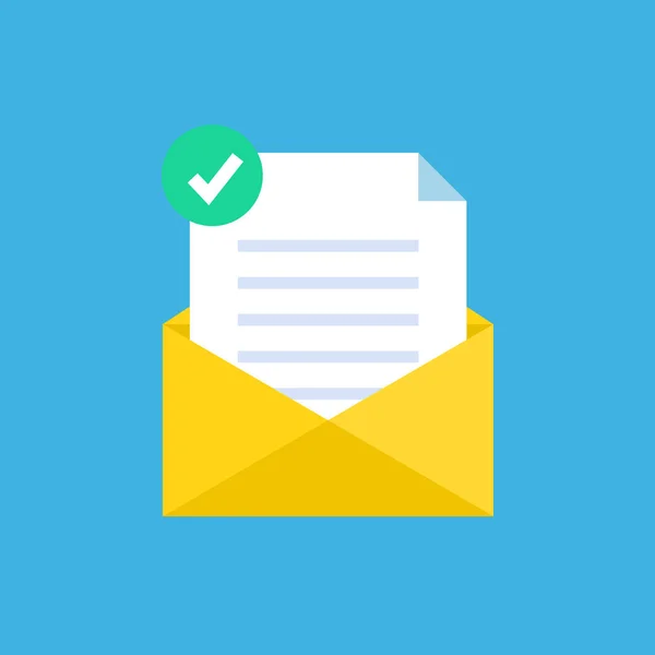 Επίπεδο εικονίδιο αρχείου με ένα πράσινο σήμα ελέγχου μέσα σε ένα κίτρινο ταχυδρομικό φάκελο — Διανυσματικό Αρχείο
