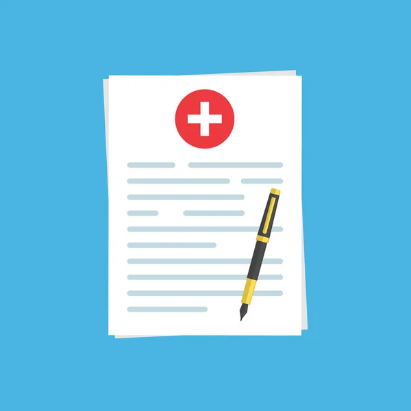 Zdravotní pojišťovací doklad nebo smlouva a kuličkové pero. — Stockový vektor