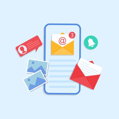 E-posta, içinde akıllı telefonun ekranında bir mektup olan zarf. Telefondaki yeni ileti. Uygulamalar ve web siteleri için modern düz stil resimleme. Vektör çizimi. 10 puan.