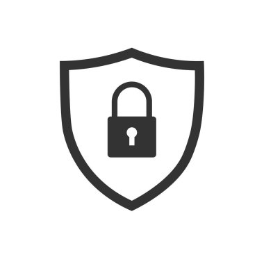 Güvenlik, koruma. Asma kilitli bir kalkan. Düz simge. Beyaz arkaplanda vektör illüstrasyonu izole edildi..