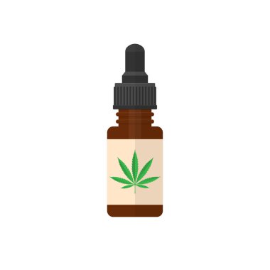 Düz bir tıbbi marihuana ikonu. Şişede kenevir yağı. Cbd yağı kenevir özü. Stok vektör çizimi beyaz arkaplanda izole edildi. 10 eps.