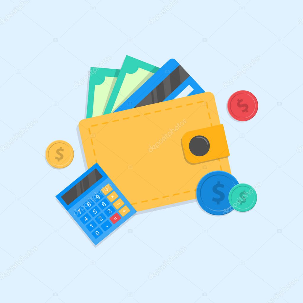 Wallet with green dollars and a bank card. calculator and coins. wallet icon with money.Modern flat style illustration for apps and websites. Vector illustration. 10 eps