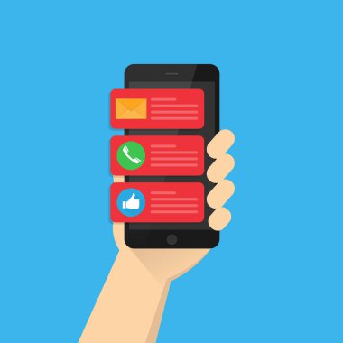 Bildirimler telefon ekranında. Yeni mesaj, cevapsız arama, onaylandı. hisse vektör illüstrasyonu.