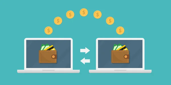 Pénzátutalás Két Laptop Pénztárcával Képernyőn Aranyérmékkel Küldjön Pénzt Online Átutalás — Stock Vector