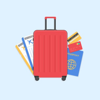 Tekerlekli bavul, pasaport, uçak biletleri, kredi kartları. Seyahat zamanı. Dünya seyahati. Dünya 'ya seyahat. Tatilde. Yolculuk. Turizm. Seyahat. Renkli vektör çizimi.