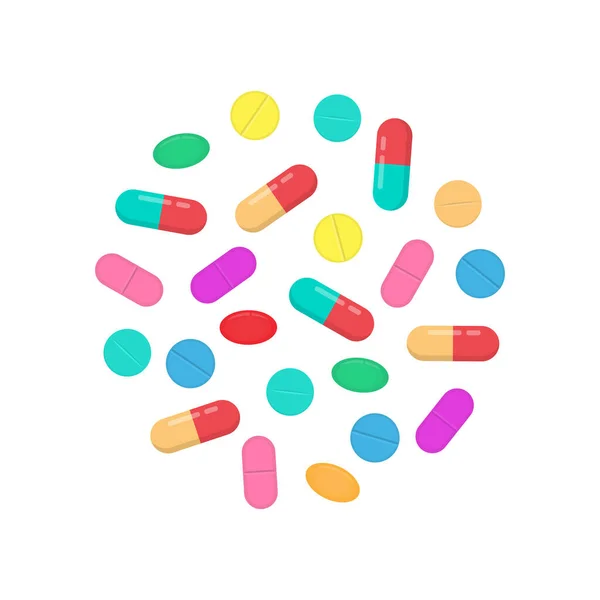 薬と錠剤だ カプセル 錠剤のヒープ 異なる薬 ベクトル図白の背景に隔離 — ストックベクタ
