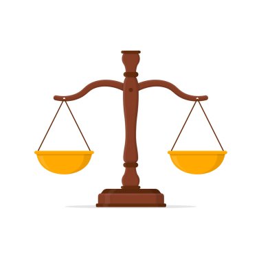 Adalet Ölçeği simgesi. Hukuk dengesi sembolü. Düz dizaynlı ölçekler. Vektör illüstrasyonu beyaz arkaplanda izole edildi.