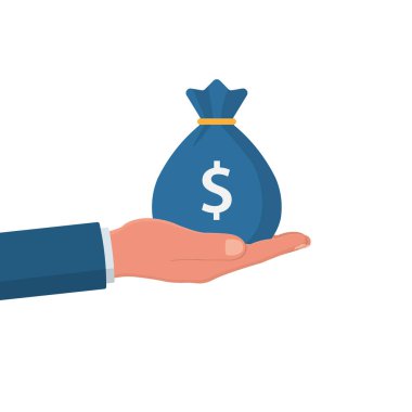 Elinde bir dolar işareti olan para çantası ikonu. Çizgi film tarzında para çantası. Hisse vektör çizimi beyaz arkaplanda izole edildi. 10 puan.