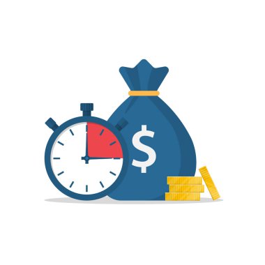 Para çantası ve kronometre. Hızlı bir borç. Tam zamanında ödeme, finansal karar. Hızlı para. Kısa vadede kredi. İş ve finans. Vektör illüstrasyon düz tasarım.