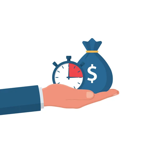Para çantası ve kronometre bir adamın elinde. Hızlı bir borç. Tam zamanında ödeme, finansal karar. Hızlı para. Kısa vadede kredi. İş ve finans. Vektör illüstrasyon düz tasarım.