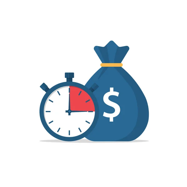 Para çantası ve kronometre. Hızlı bir borç. Tam zamanında ödeme, finansal karar. Hızlı para. Kısa vadede kredi. İş ve finans. Vektör illüstrasyon düz tasarım.