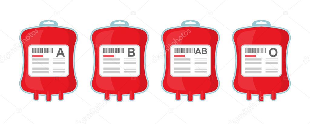 bags with different blood types A B AB O. concept of blood donation to help the victims. vector illustration isolated on white background.