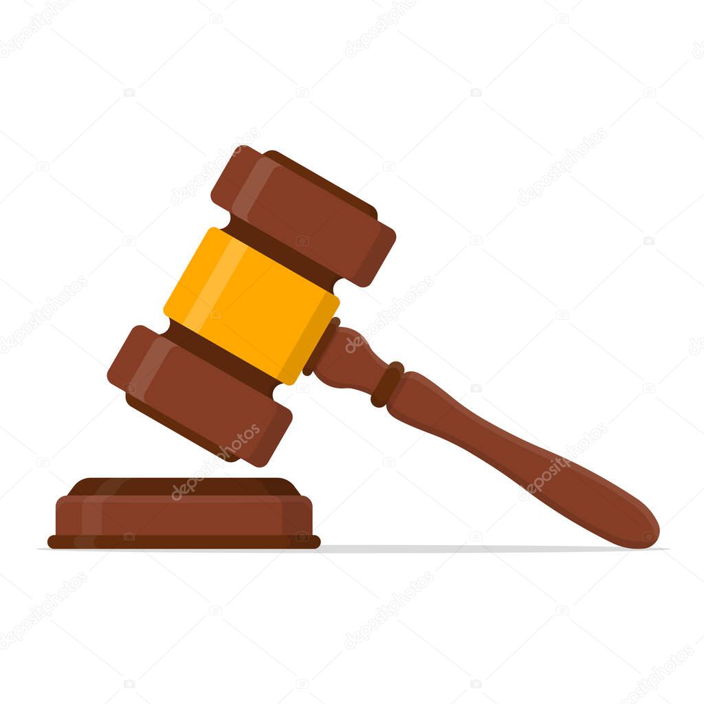 Wooden judge ceremonial hammer of the chairman with curly handle, for adjudication of sentences and bills, court, justice, with a wooden stand.Judge Wood Hammer auction, judgment. vector illustration.