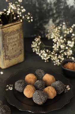 Kuru erik ve kurutulmuş kayısı üzerine biraz haşhaş tohumu serpiştirilmiş tatlı, susam ve klasik tarzda şekersiz kakao. Atıştırmak için organik ve sağlıklı yiyecekler.