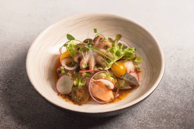 Restoran menüsü. Ahtapot, turp, marul, mikro yeşiller, kırmızı balık ve kirazlı salata. Bej plaka. Hafif arkaplan. Yeşil, kahverengi, sarı, yeşil, pembe